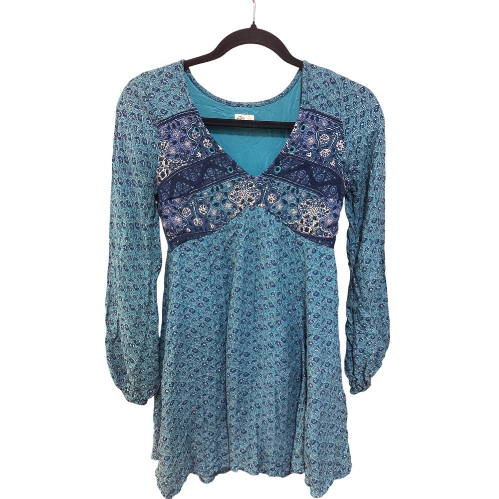 Hollister Teal Blue Floral Boho Mini Dress Long Sleeve V-Neck Grommet Size S